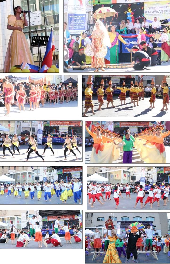 Clockwise from left: Ms. Alexandra Masangkay singing the theme song of Los Ultimos de Filipinas, a Spanish movie classic which is currently being remade, and where she is one of the characters; Singkil by Saint James the Lesser Community and the Fiesta Filipina Association; Mangyan Dance by Oriental Mindoro Association (OMA); Banga Dance by KALIPI- BIBAK Association; Pintados by Asociacion BIsayan Ug Mindanaoan en Espanya (ABME); Sinulog Dance by KALIPI-Vismin; Sakuting by ABME; The Maglalatik Dance by CFC - Youth For Christ/Sant Pau Jade Taekwondo; and Sayaw sa Bangko by Sant Pau Taekwondo and the Grand Finale-Flash Mob.