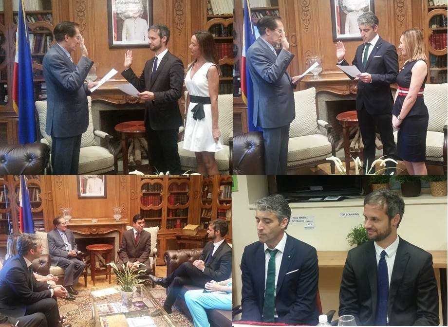 L to R – Ambassador Salinas swears in Mr. Pablo Martin Peré as Philippine Honorary Consul for Palma de Mallorca. Mr. David Garcia Pena takes his oath. The Ambassador and Consul General Emmanuel R. Fernandez brief the incoming Consular Officers. Messrs. Garcia and Martin attending the Annual Honorary Consuls Meeting. 