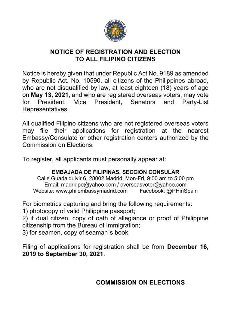 Notice of Registration and Election for Overseas Filipinos Philippine