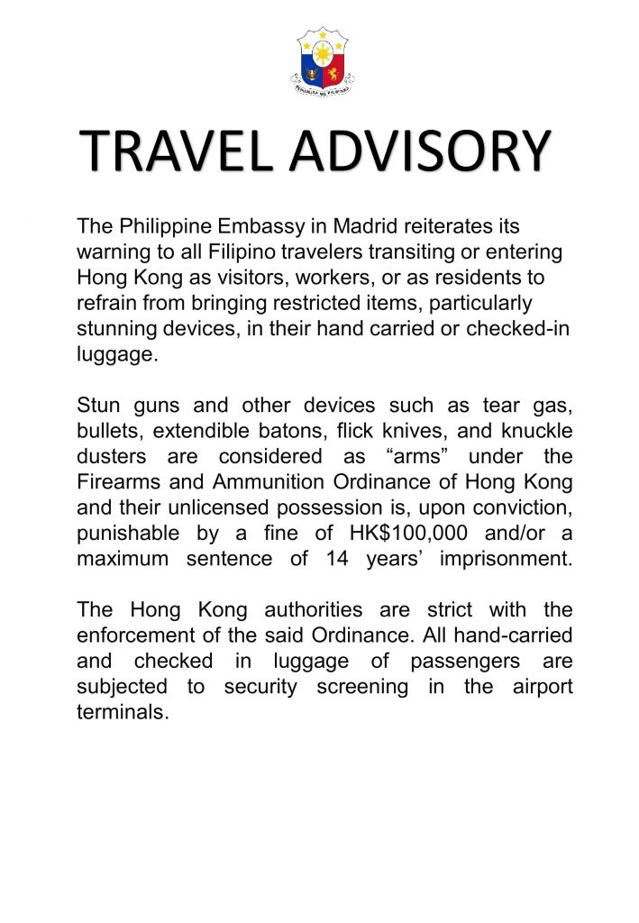 travel advisory hong kong philippines